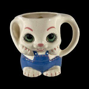 Vintage Bunny Rabbit Mug Handcrafted Signed & Dated Cute "Home Alone" w/Overalls